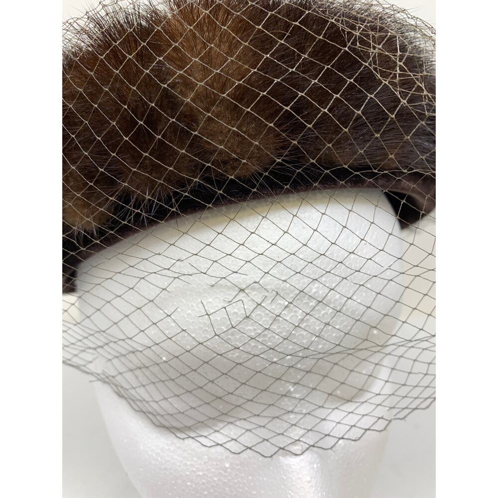 Vintage Beresford Pill Box Style Hat With Satin Bow Fur and Mesh Detail Brown - Picture 7 of 8